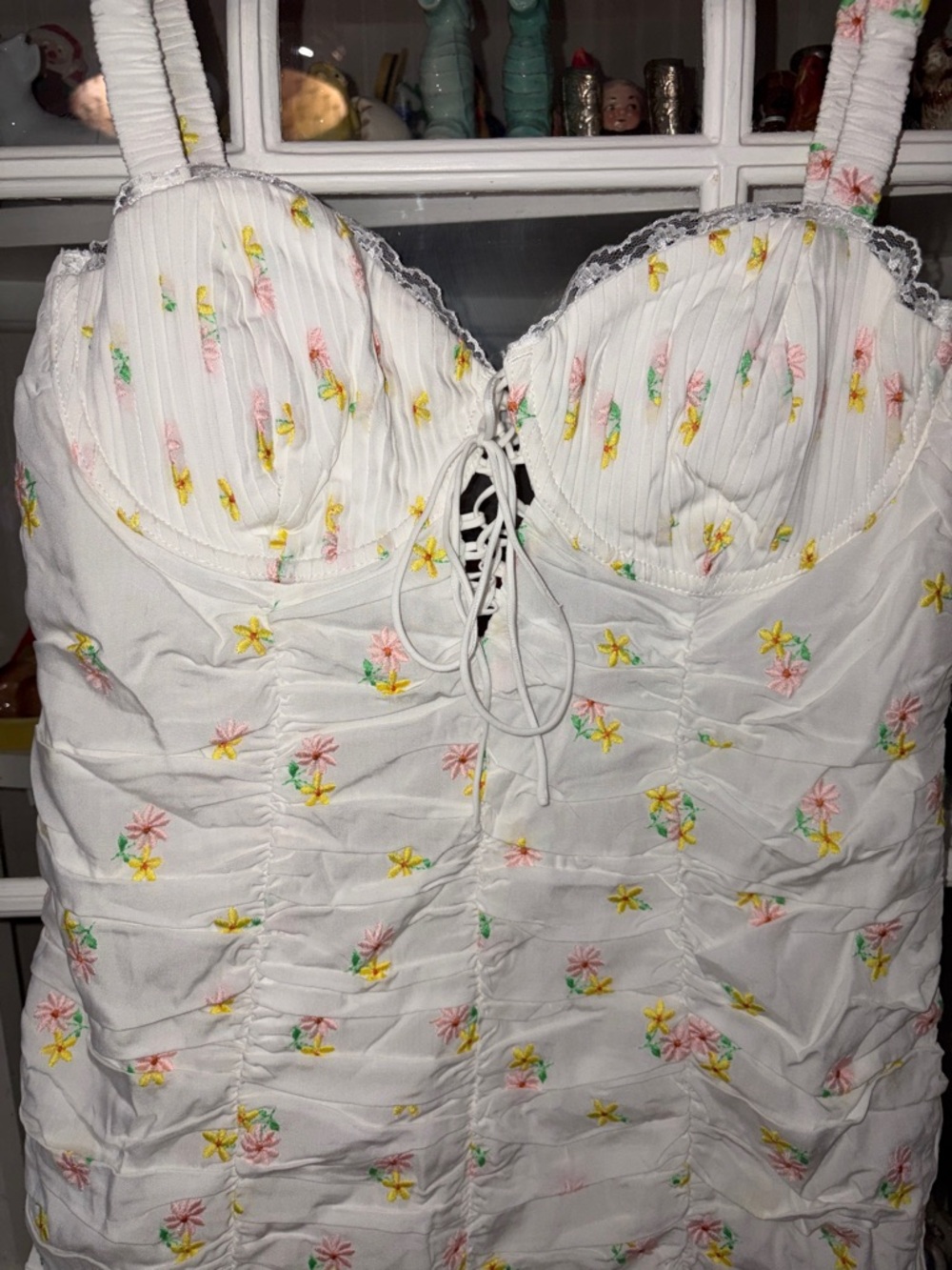 NWT For Love And Lemons White Floral Lace-Up Ruched Mini Dress - Picture 4 of 7
